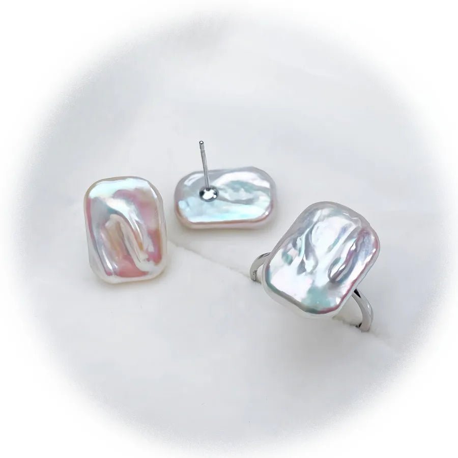 Baroque Style Pure Silver Earrings And Ring Set With Freshwater Pearl Square Design For Women Luxury Personality Jewelry Accessories - Coolpeacock