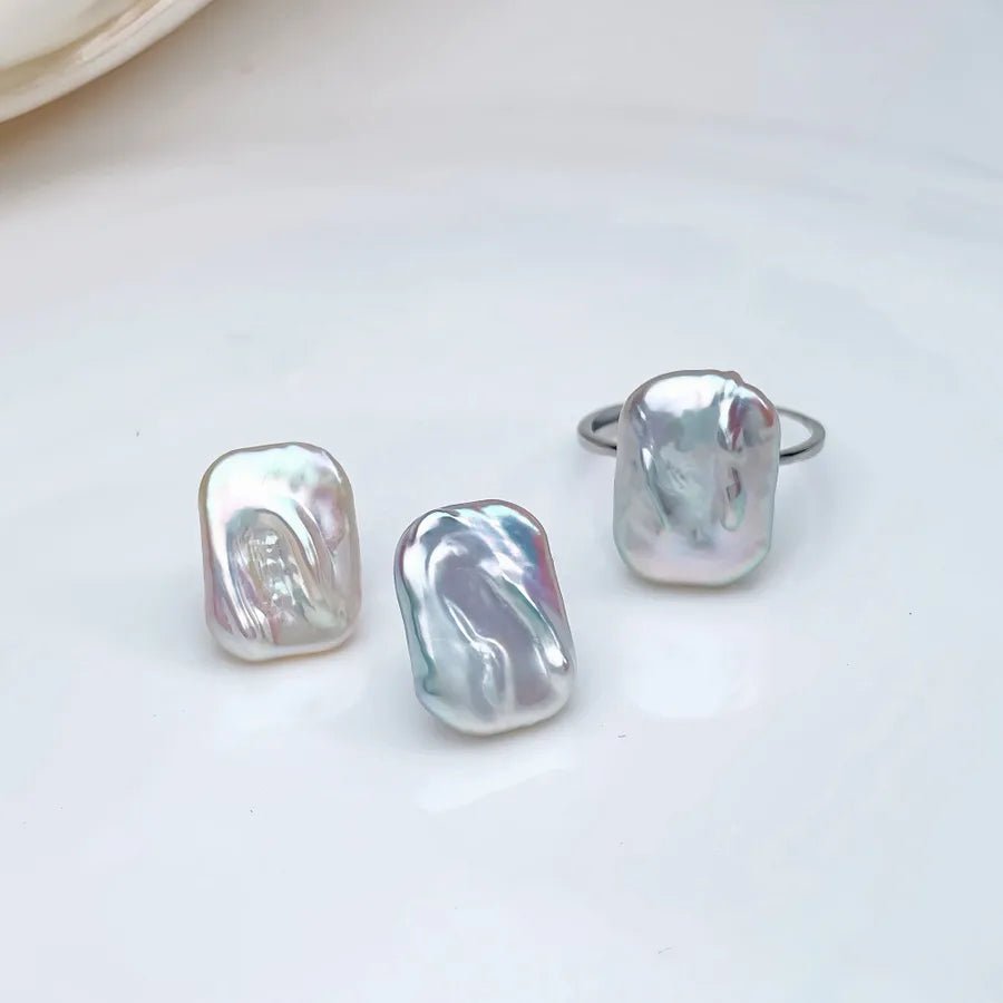 Baroque Style Pure Silver Earrings And Ring Set With Freshwater Pearl Square Design For Women Luxury Personality Jewelry Accessories - Coolpeacock