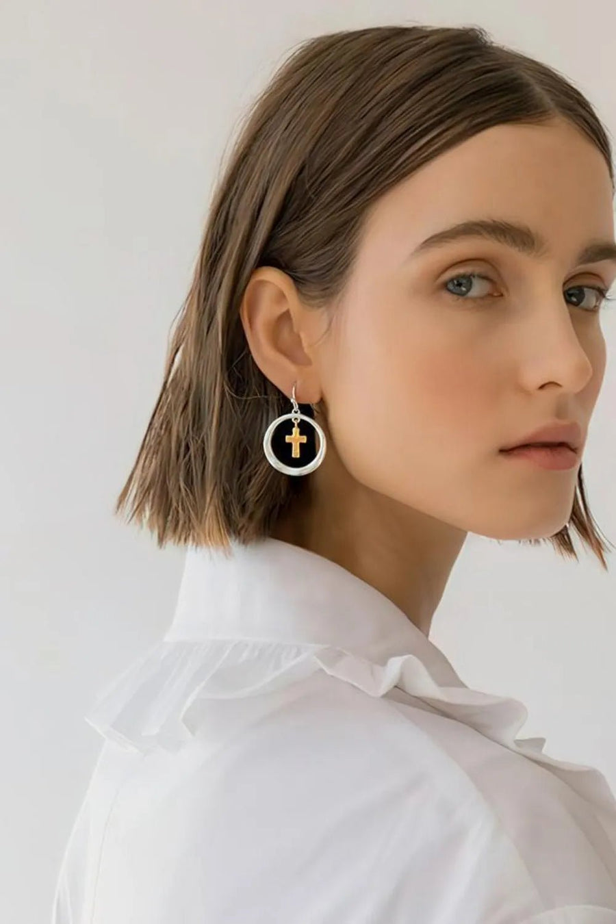 Brass Contrast Cross Dangle Earrings - Coolpeacock