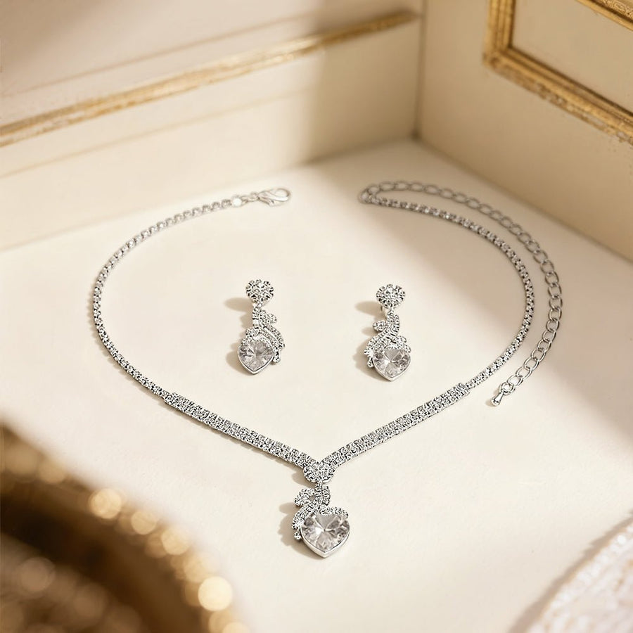 Bridal Rhinestone Heart Necklace and Earrings Set – Elegant Wedding Jewelry - Coolpeacock