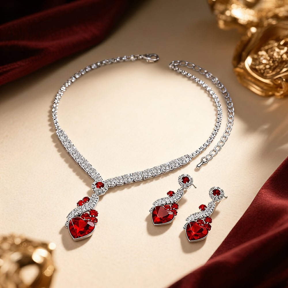 Bridal Rhinestone Heart Necklace and Earrings Set – Elegant Wedding Jewelry - Coolpeacock