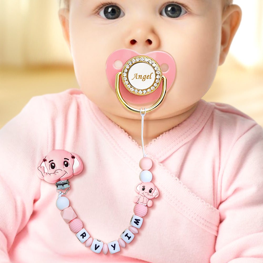 Custom Dummy Chain with Name Personalised Elephant Pacifier Clip for Boys Girls - Coolpeacock
