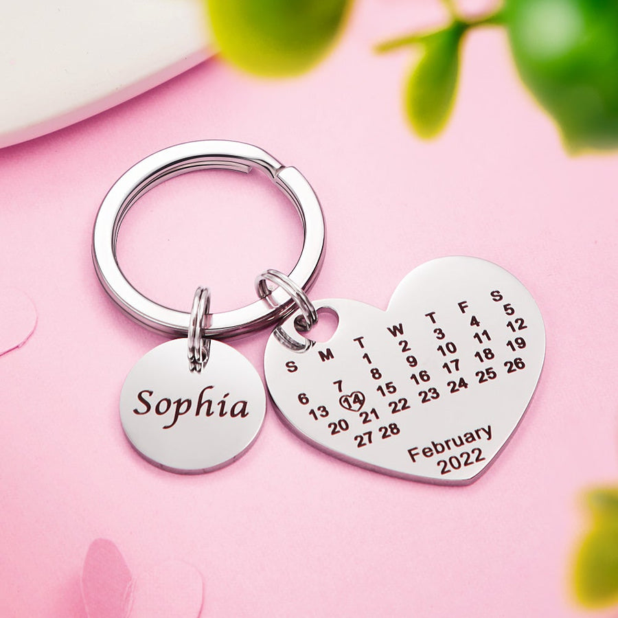 Custom Engraved Heart Calendar Keychain Save The Date Keychain - Coolpeacock