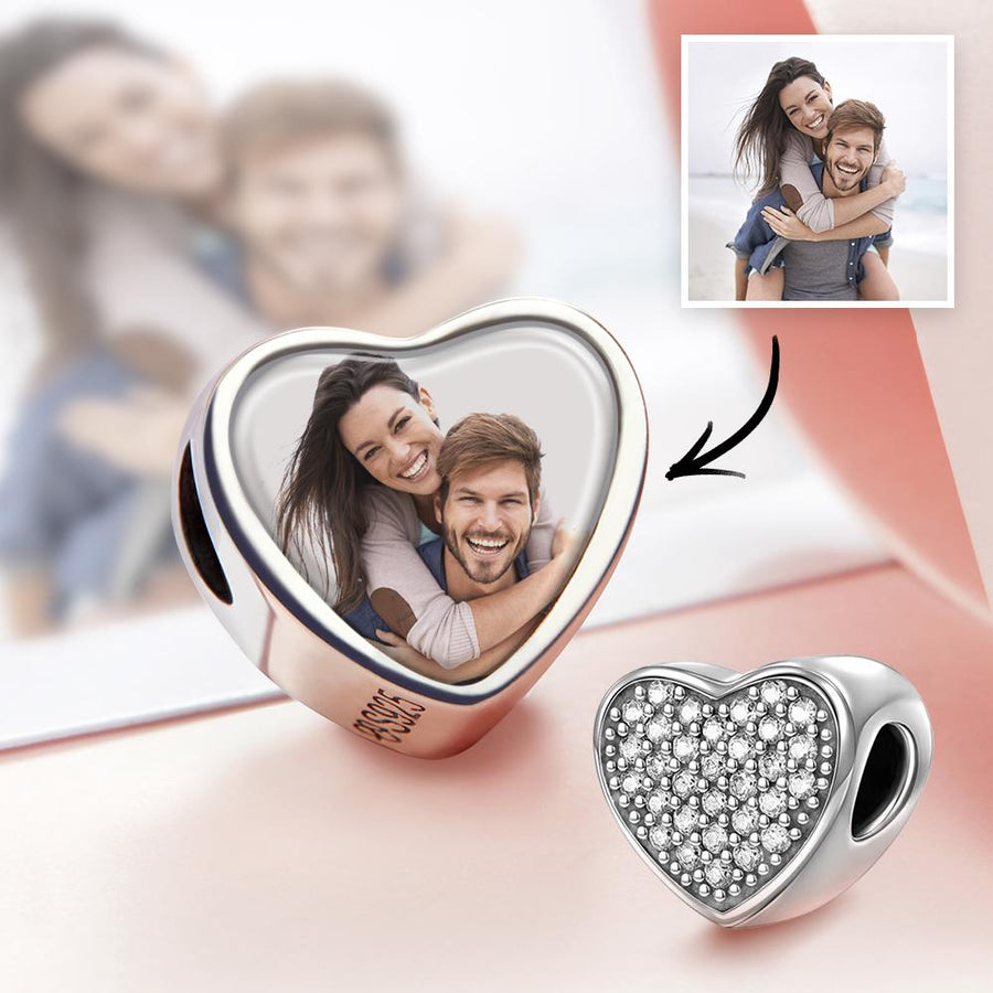Custom Heart Photo Charm Personalized Picture Bead with Pave CZ - Coolpeacock