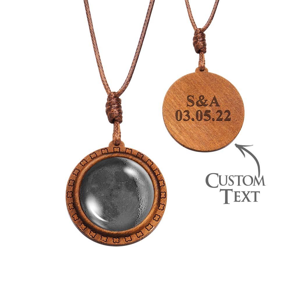 Custom Moon Phase Wood Pendant Necklace Personalised Engraved Name Valentine's Gifts for Her - Coolpeacock