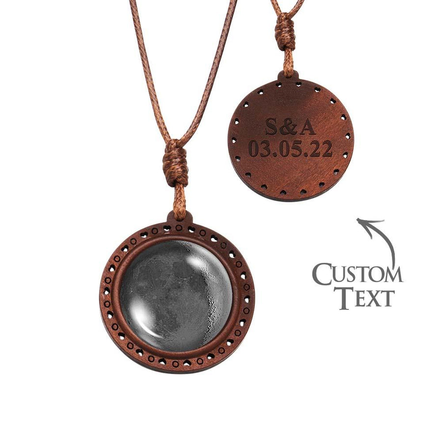 Custom Moon Phase Wood Pendant Necklace Personalised Engraved Name Valentine's Gifts for Her - Coolpeacock