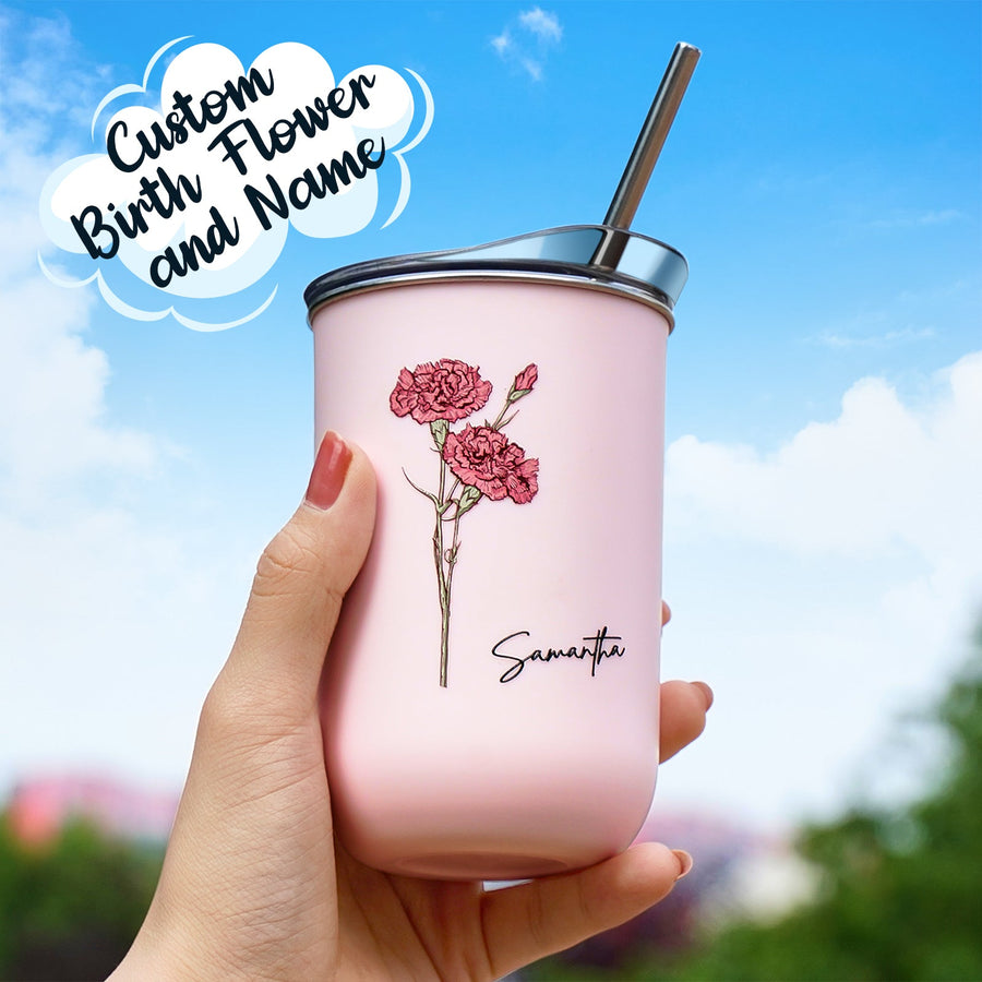 Custom Name Birth Flower Straw Coffee Cup 12oz/350ml - Personalized and Stylish - Coolpeacock
