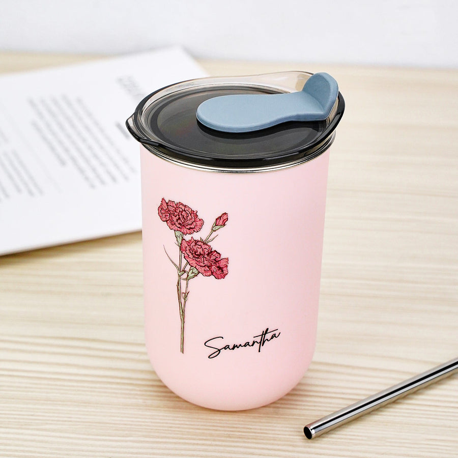 Custom Name Birth Flower Straw Coffee Cup 12oz/350ml - Personalized and Stylish - Coolpeacock