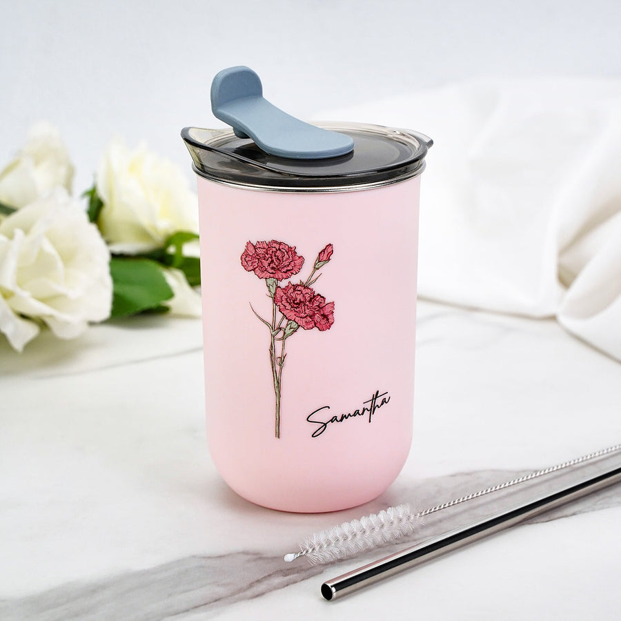 Custom Name Birth Flower Straw Coffee Cup 12oz/350ml - Personalized and Stylish - Coolpeacock