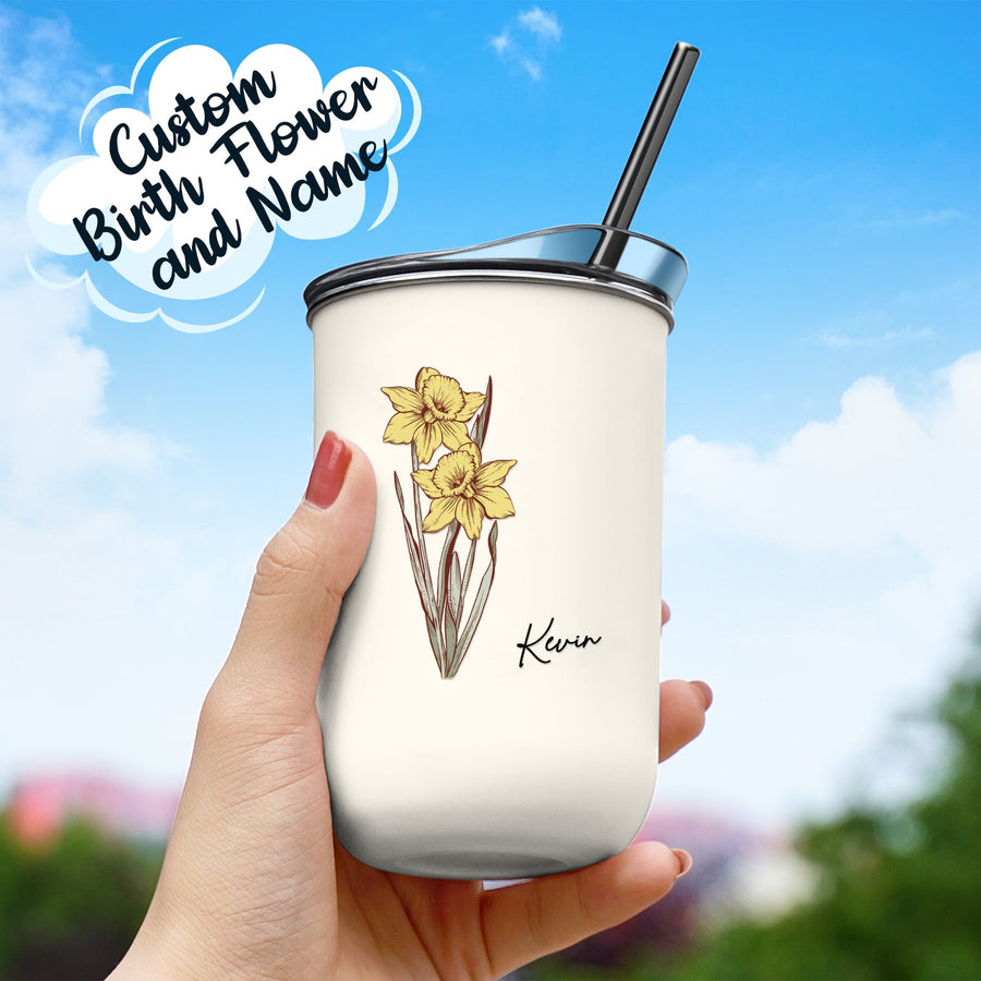 Custom Name Birth Flower Straw Coffee Cup 12oz/350ml - Personalized and Stylish - Coolpeacock