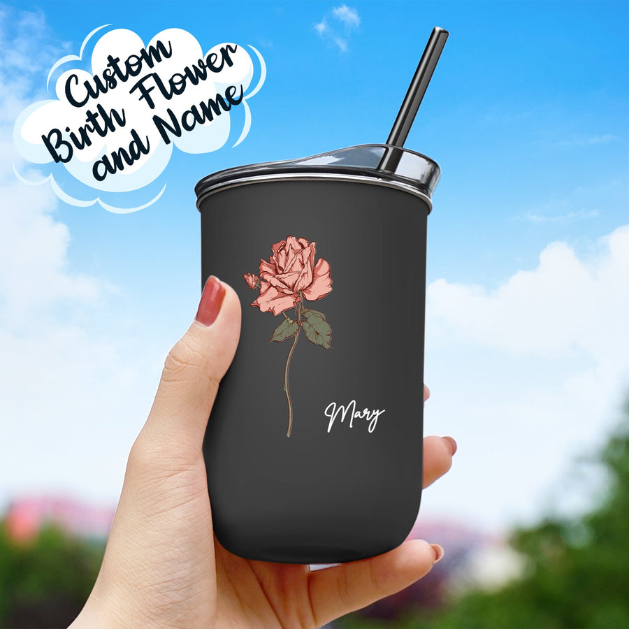 Custom Name Birth Flower Straw Coffee Cup 12oz/350ml - Personalized and Stylish - Coolpeacock