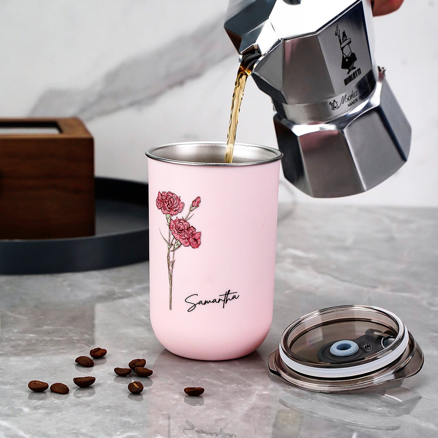 Custom Name Birth Flower Straw Coffee Cup 12oz/350ml - Personalized and Stylish - Coolpeacock