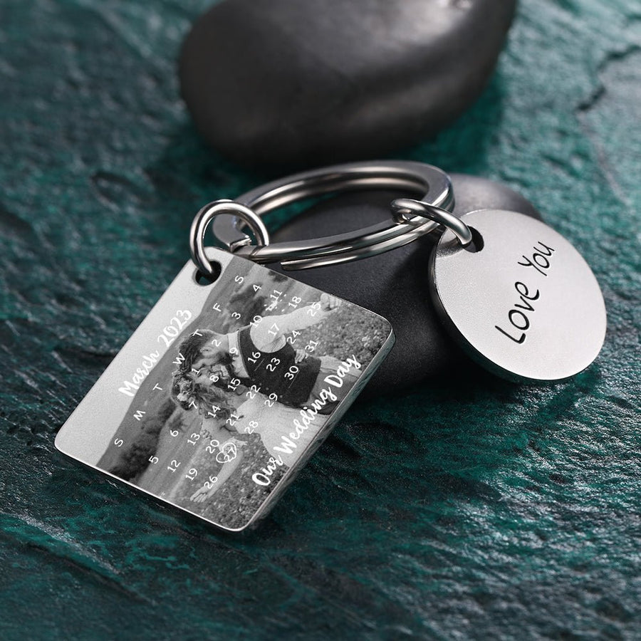 Custom Photo Engraved Calendar Silver Key Chain Best Anniversary Gift - Coolpeacock
