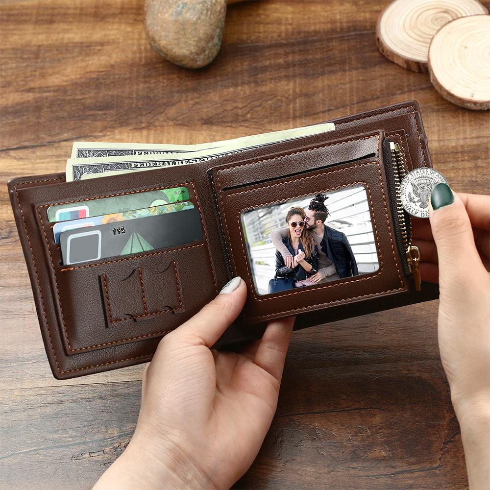Custom Photo Wallet Men's Bifold GreyWallet for Dad - Coolpeacock