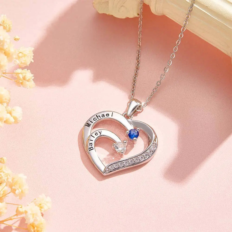 Personalized Heart Necklace Custom Family Name Birthstone Necklace Gift for Mother Grandma
