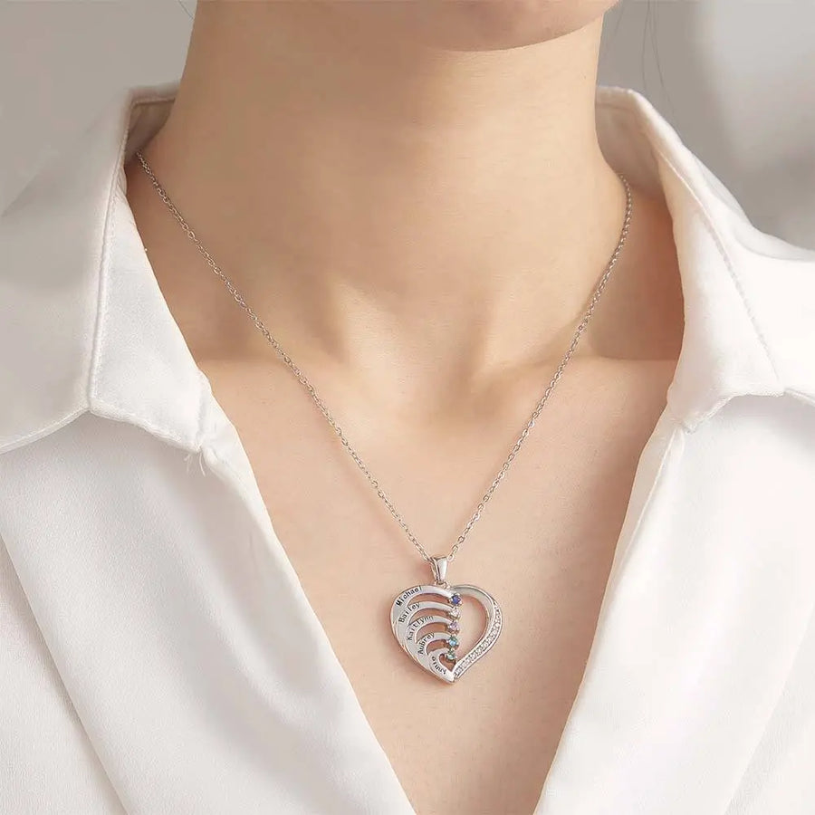 Personalized Heart Necklace Custom Family Name Birthstone Necklace Gift for Mother Grandma