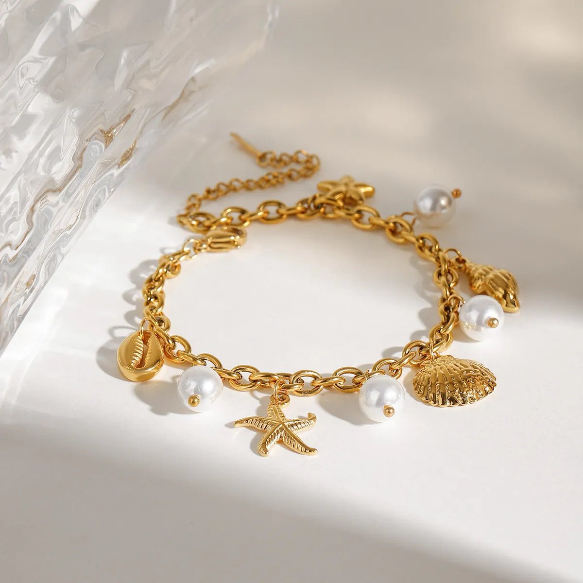 Ocean Theme Stainless Steel Chain Bracelet with Seashell and Starfish Pendants - Coolpeacock