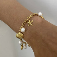 Ocean Theme Stainless Steel Chain Bracelet with Seashell and Starfish Pendants - Coolpeacock