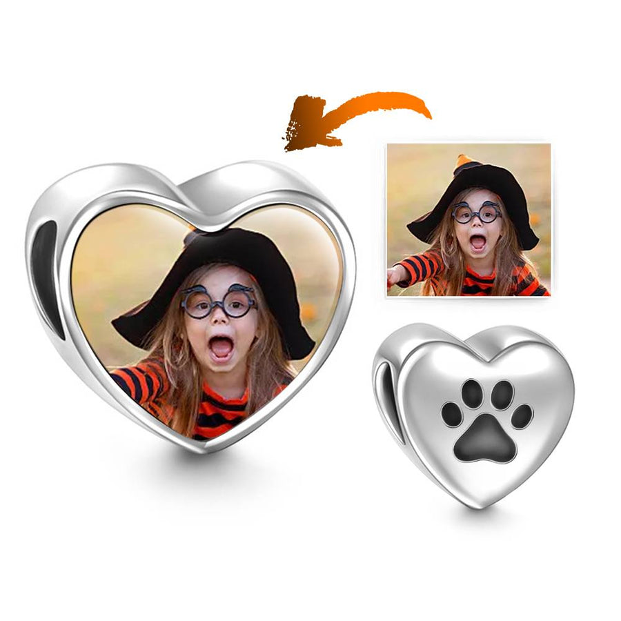 Paw Print Custom Heart Photo Charm Bead Pendant Silver - Coolpeacock