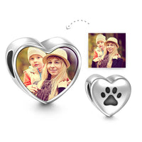 Paw Print Custom Heart Photo Charm Bead Pendant Silver - Coolpeacock