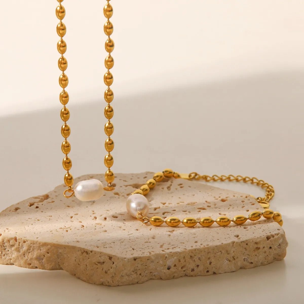 Pearl and Gold Chain Jewelry Set with Necklace and Bracelet - Coolpeacock