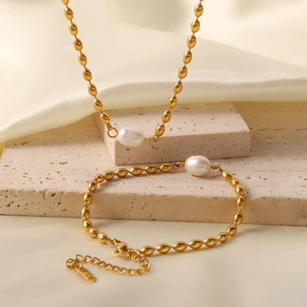 Pearl and Gold Chain Jewelry Set with Necklace and Bracelet - Coolpeacock