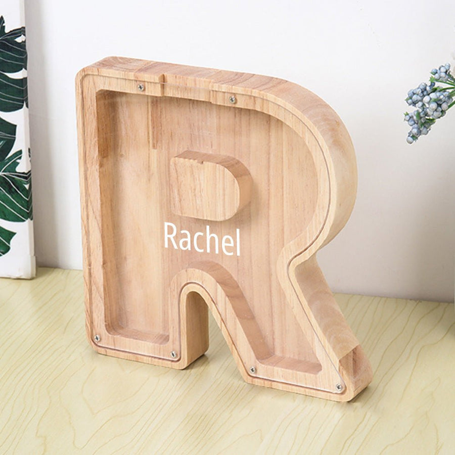 Personalized 26 Letters Piggy Bank Custom Name Wooden Money Box - Coolpeacock