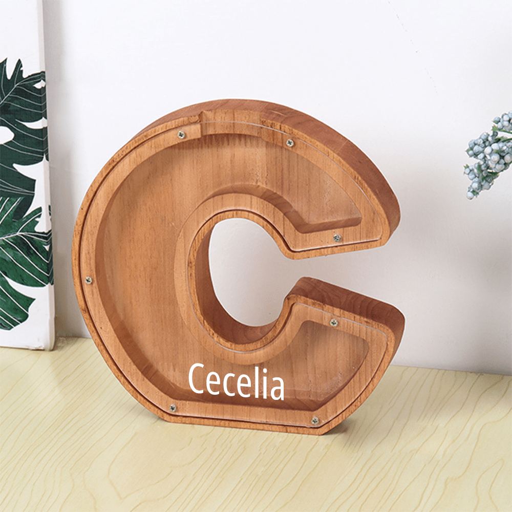 Personalized 26 Letters Piggy Bank Custom Name Wooden Money Box - Coolpeacock
