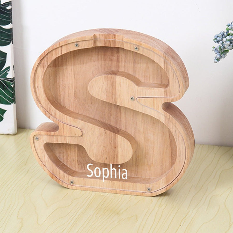 Personalized 26 Letters Piggy Bank Custom Name Wooden Money Box - Coolpeacock