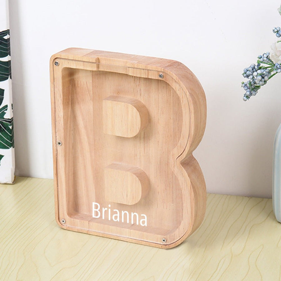 Personalized 26 Letters Piggy Bank Custom Name Wooden Money Box - Coolpeacock