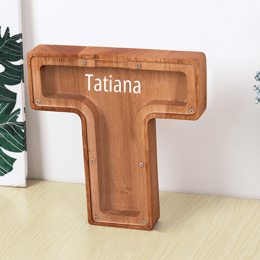Personalized 26 Letters Piggy Bank Custom Name Wooden Money Box - Coolpeacock