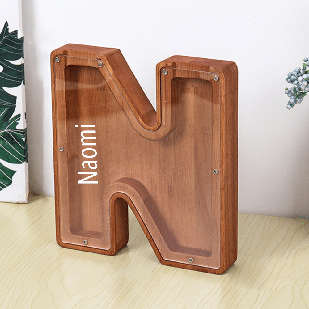 Personalized 26 Letters Piggy Bank Custom Name Wooden Money Box - Coolpeacock