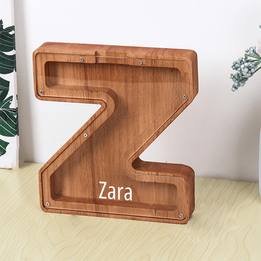 Personalized 26 Letters Piggy Bank Custom Name Wooden Money Box - Coolpeacock