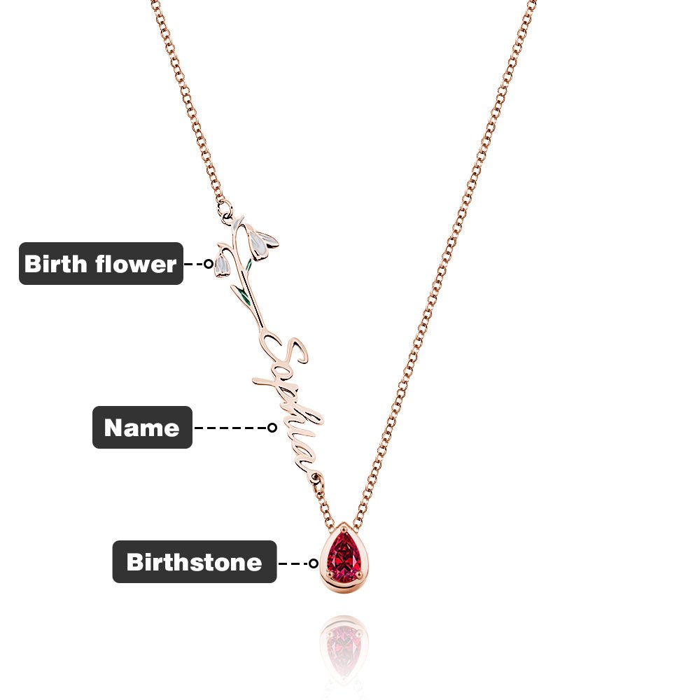 Personalized Birth Flower Birthstone Necklace with Name Necklace Jewelry Gift for Her - Coolpeacock