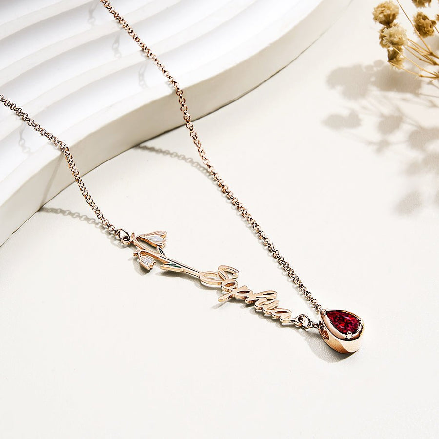 Personalized Birth Flower Birthstone Necklace with Name Necklace Jewelry Gift for Her - Coolpeacock