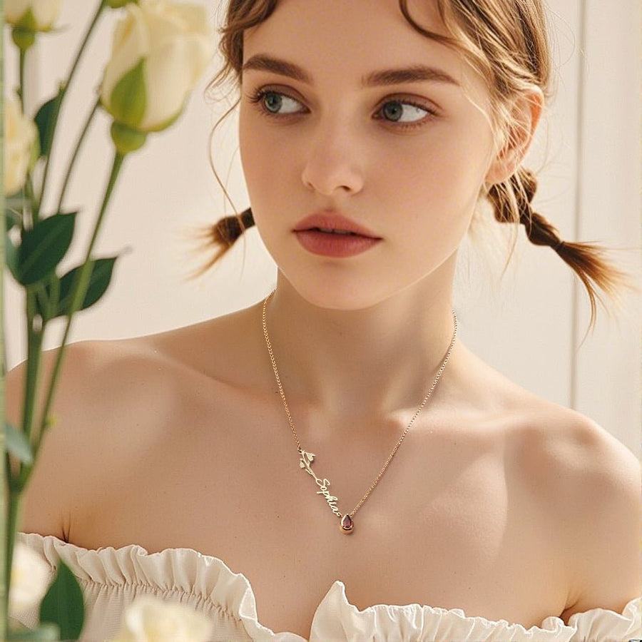 Personalized Birth Flower Birthstone Necklace with Name Necklace Jewelry Gift for Her - Coolpeacock