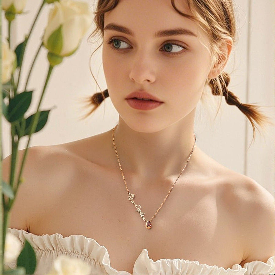 Personalized Birth Flower Birthstone Necklace with Name Necklace Jewelry Gift for Her - Coolpeacock