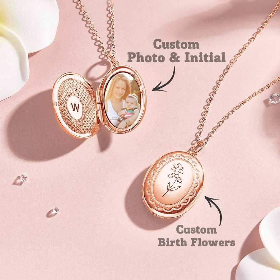 Personalized Birth Flower Locket Necklace with Photo Necklace Jewelry Gift for Her - Coolpeacock