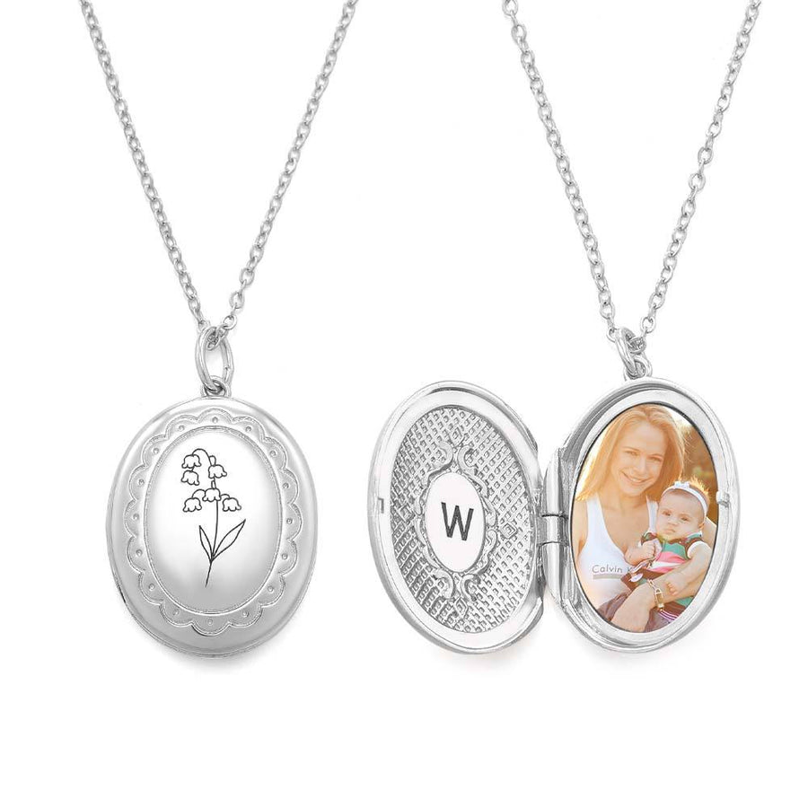 Personalized Birth Flower Locket Necklace with Photo Necklace Jewelry Gift for Her - Coolpeacock