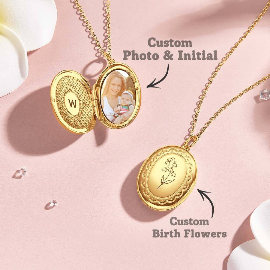 Personalized Birth Flower Locket Necklace with Photo Necklace Jewelry Gift for Her - Coolpeacock