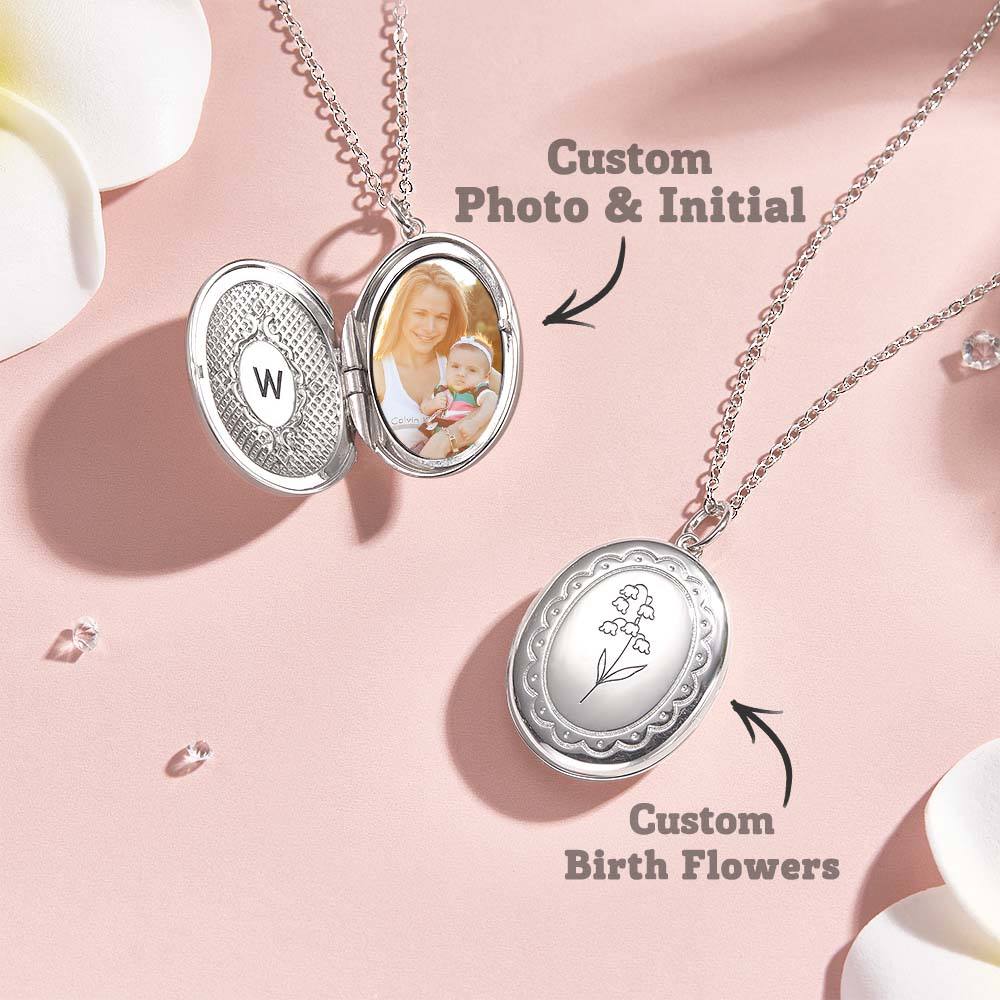 Personalized Birth Flower Locket Necklace with Photo Necklace Jewelry Gift for Her - Coolpeacock