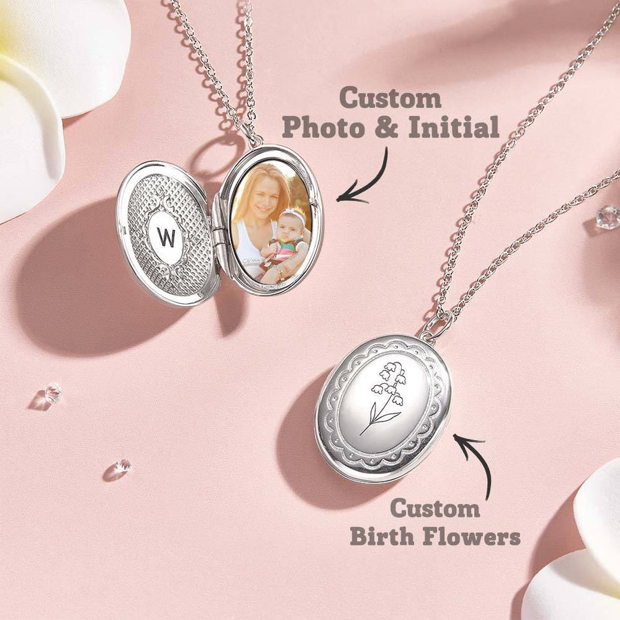 Personalized Birth Flower Locket Necklace with Photo Necklace Jewelry Gift for Her - Coolpeacock