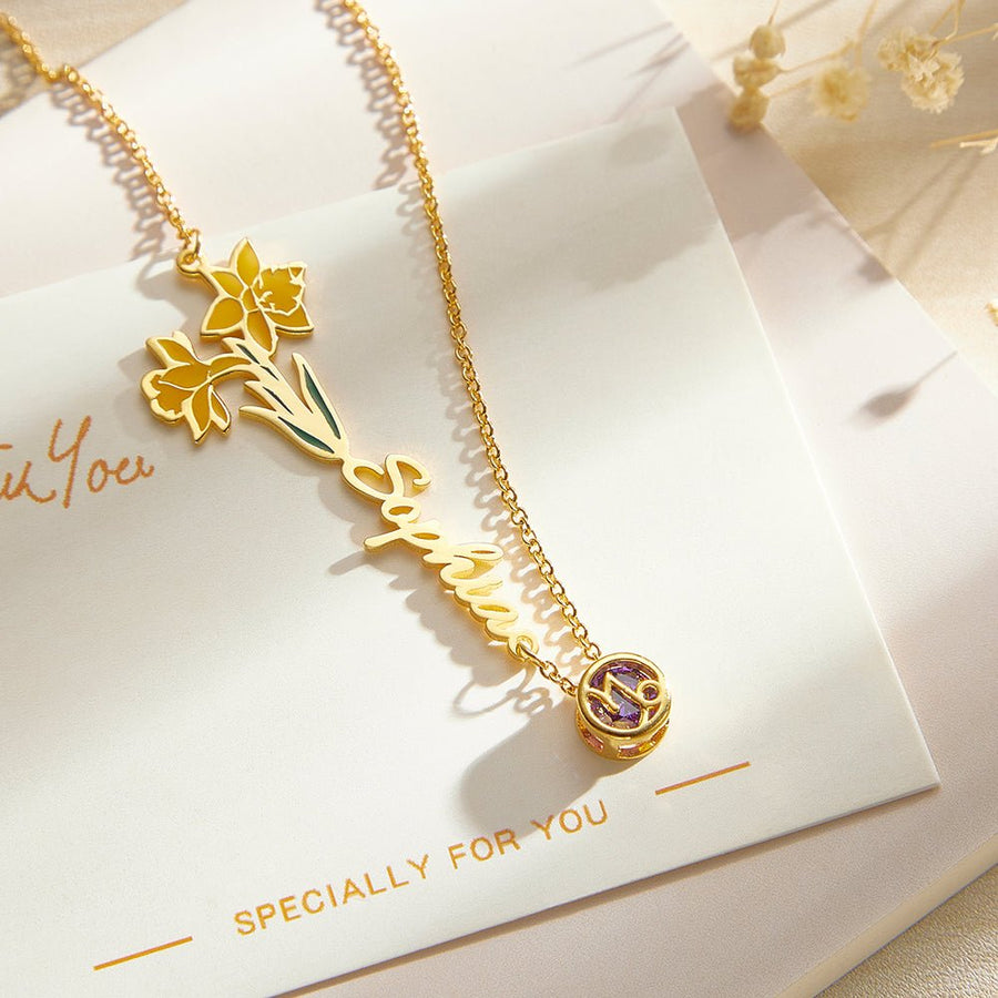 Personalized Birth Flower & Star Sign Name Necklace - Ideal Wedding Gift Birthday Gift - Coolpeacock