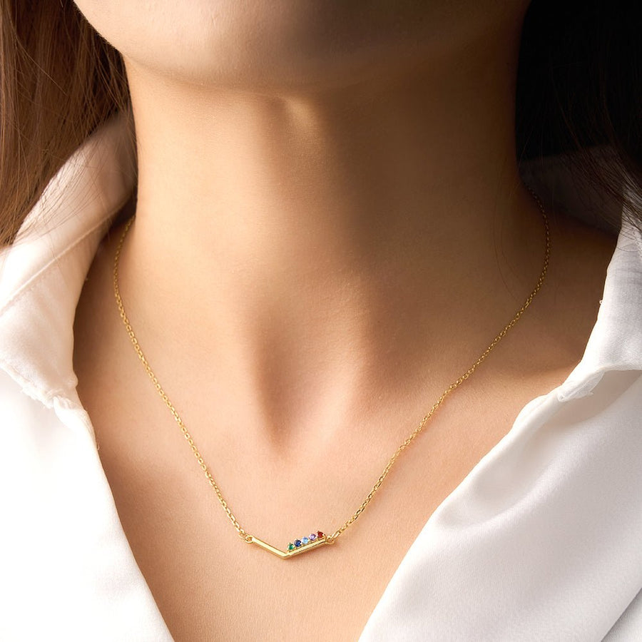 Personalized Birthstone Necklace V Shaped Necklace Anniversary Birthday Gift for Her - Coolpeacock