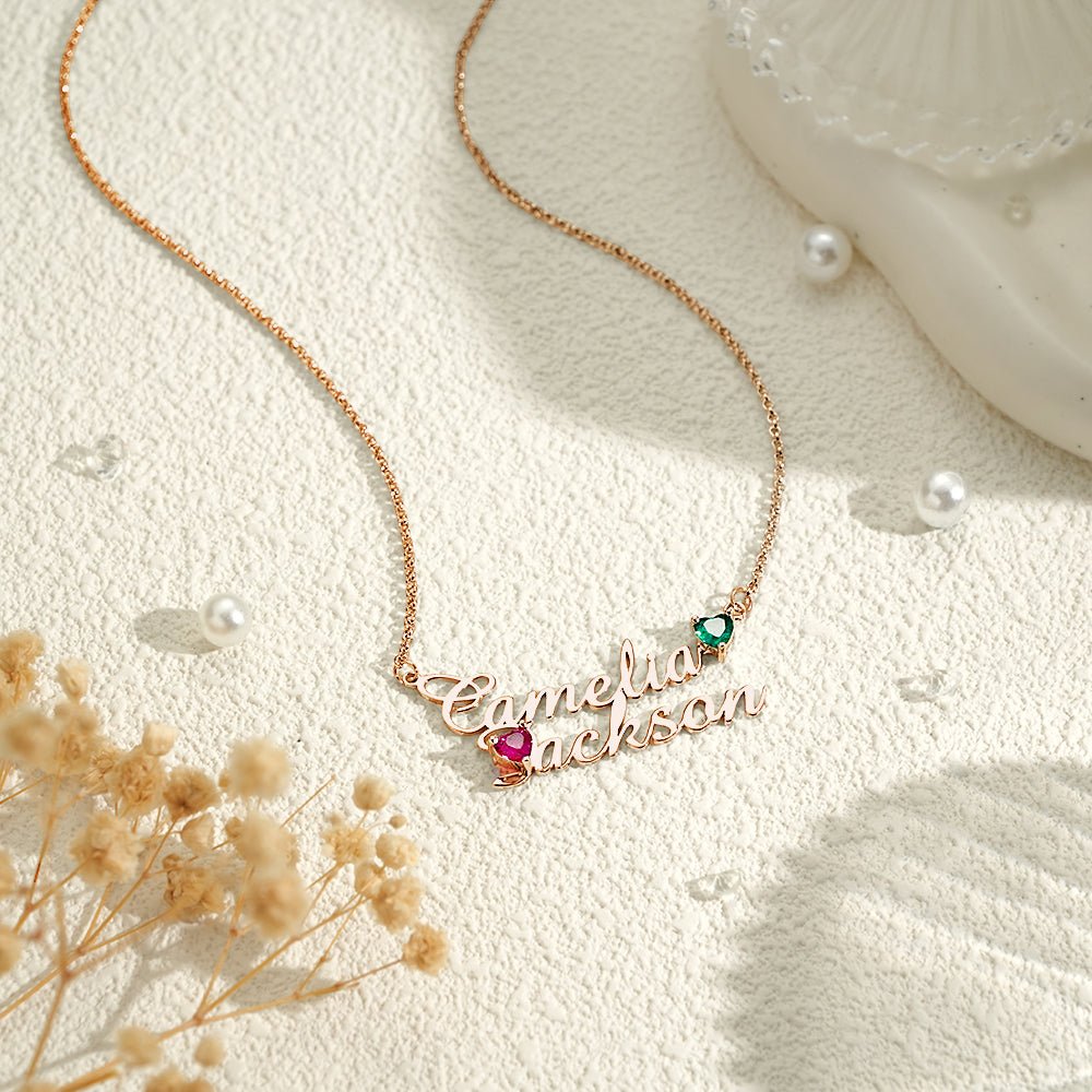 Personalized Double Name Necklace with Birthstones Jewelry Birthday Anniversary Gift for Her - Coolpeacock