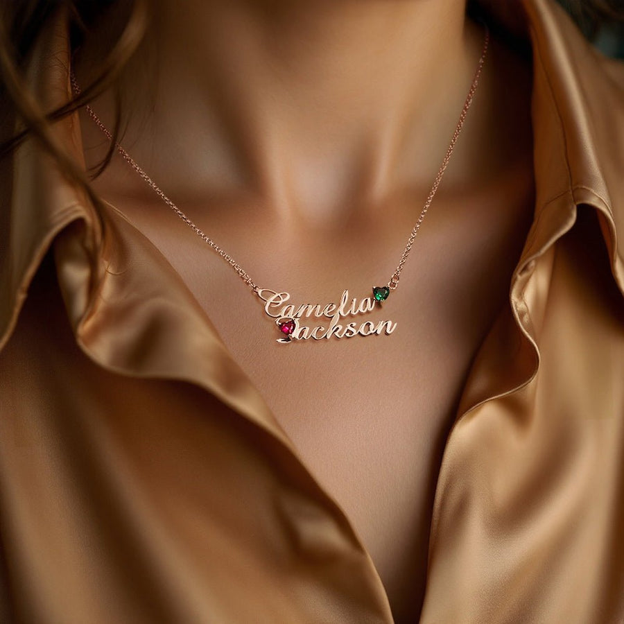 Personalized Double Name Necklace with Birthstones Jewelry Birthday Anniversary Gift for Her - Coolpeacock