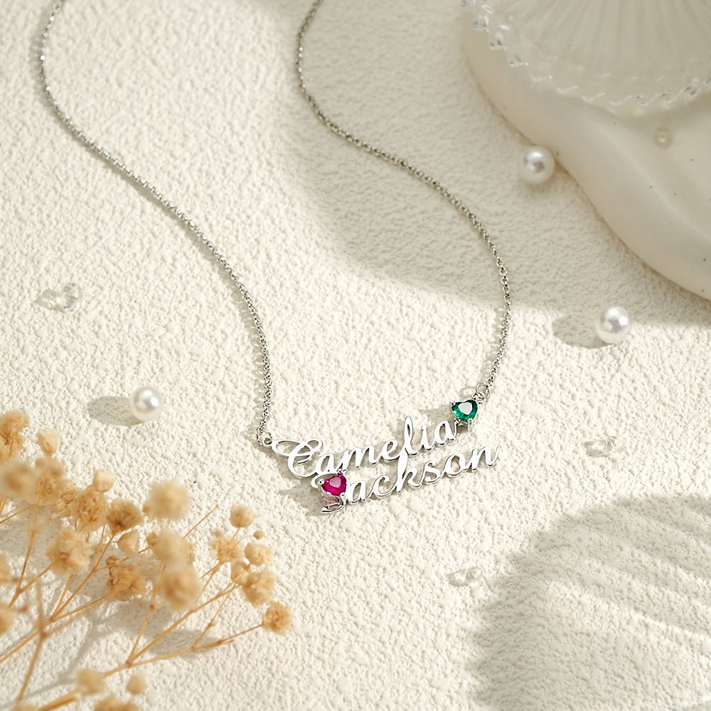 Personalized Double Name Necklace with Birthstones Jewelry Birthday Anniversary Gift for Her - Coolpeacock