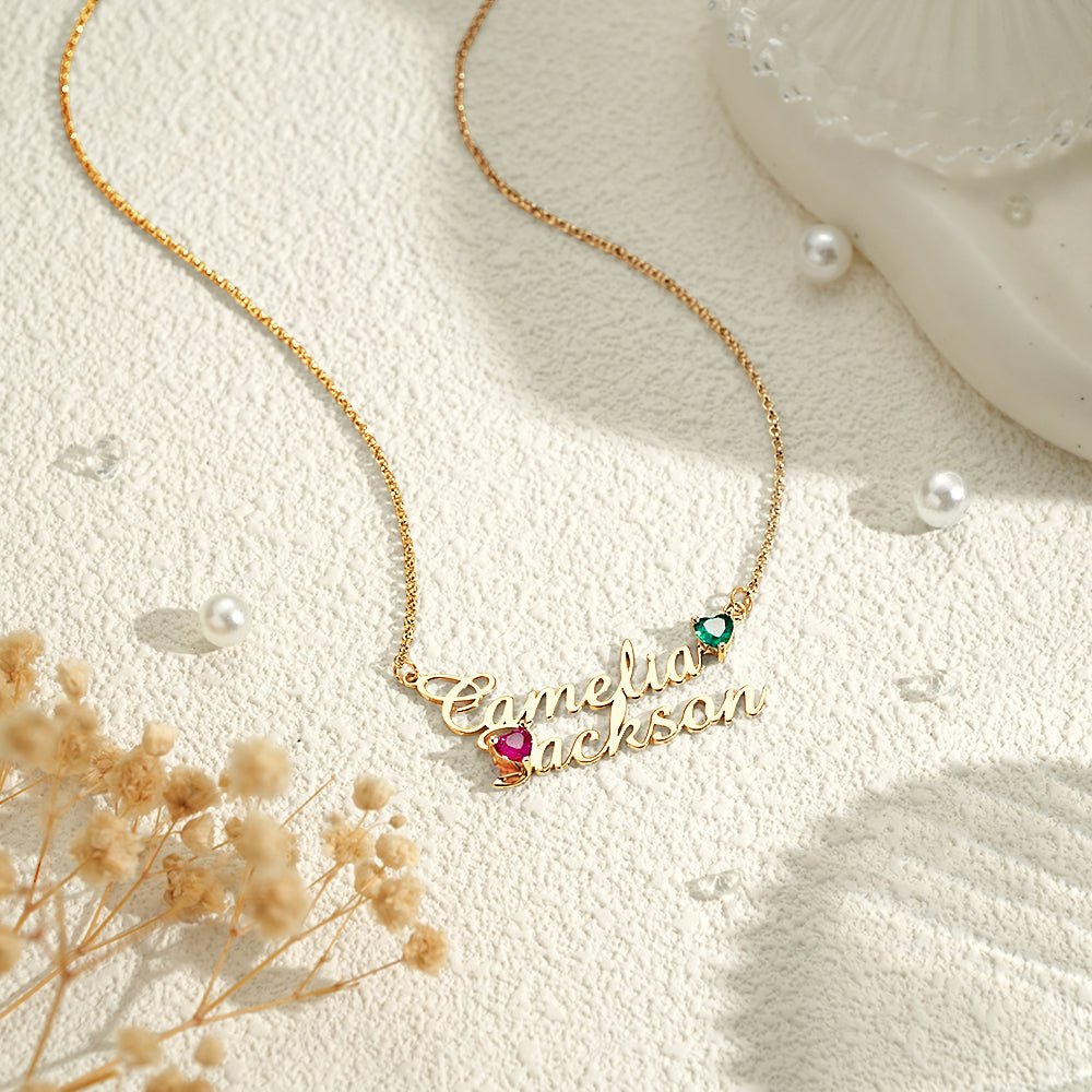 Personalized Double Name Necklace with Birthstones Jewelry Birthday Anniversary Gift for Her - Coolpeacock