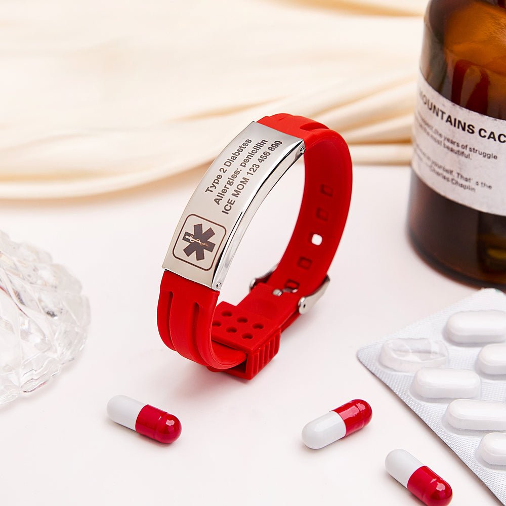 Personalized Emergency Medical Alert Bracelet Adjustable Silicone Bracelet for Men Women First Aid Gift - Coolpeacock