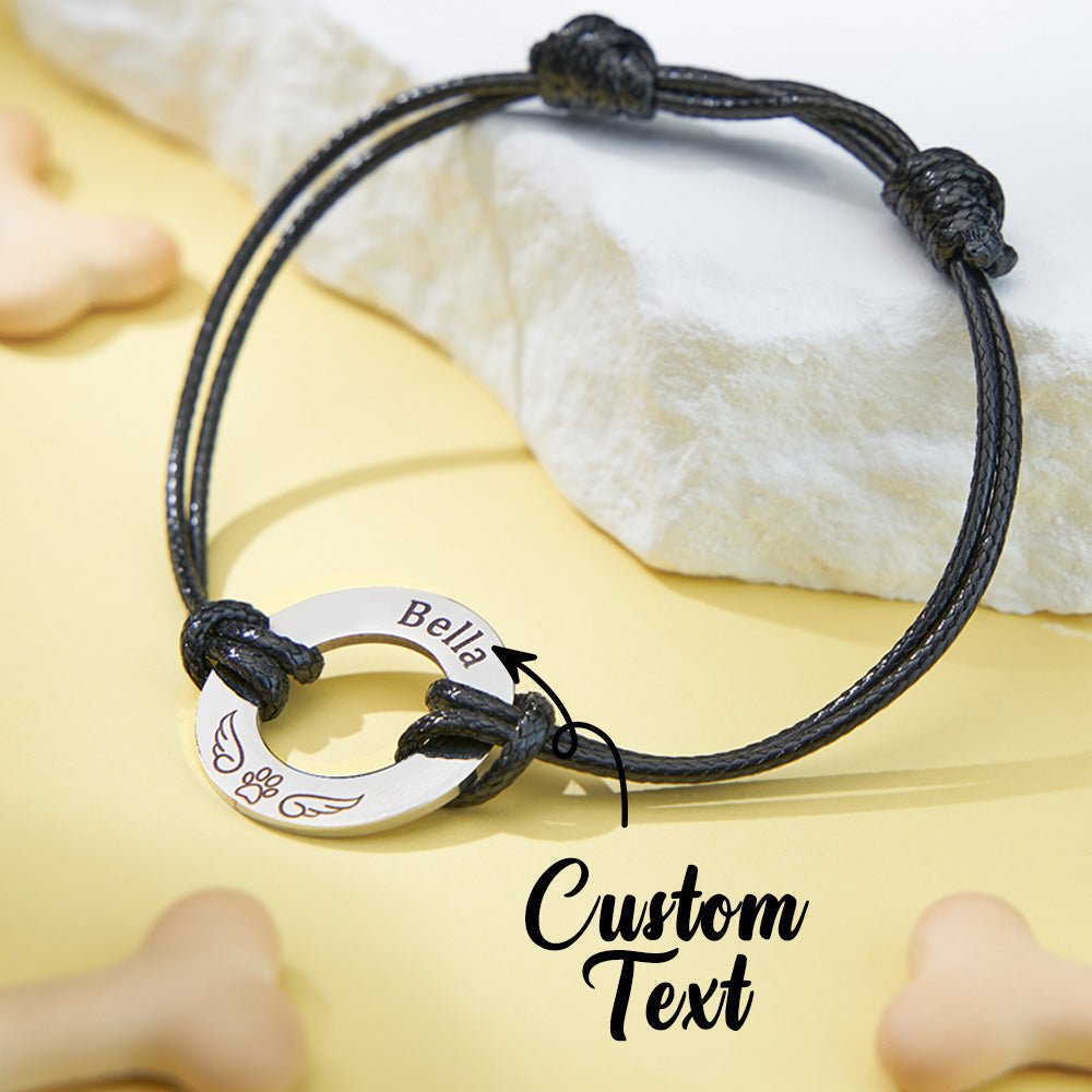 Personalized Engraved Angel Wings Pet Paw Print PU Leather Rope Bracelet Memorial Gift for Pet Lovers - Coolpeacock